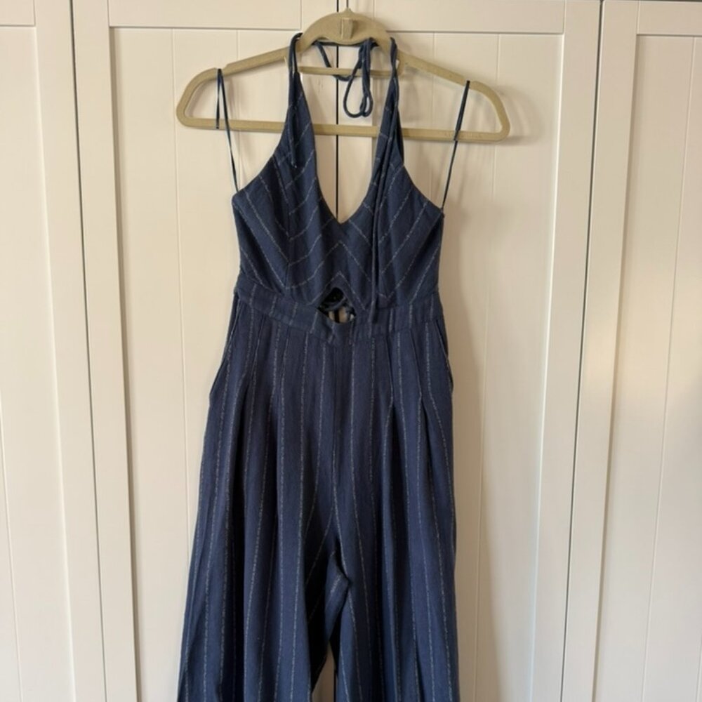 ASTR The Label Navy Striped Halter Jumpsuit - Open Back Wide Leg